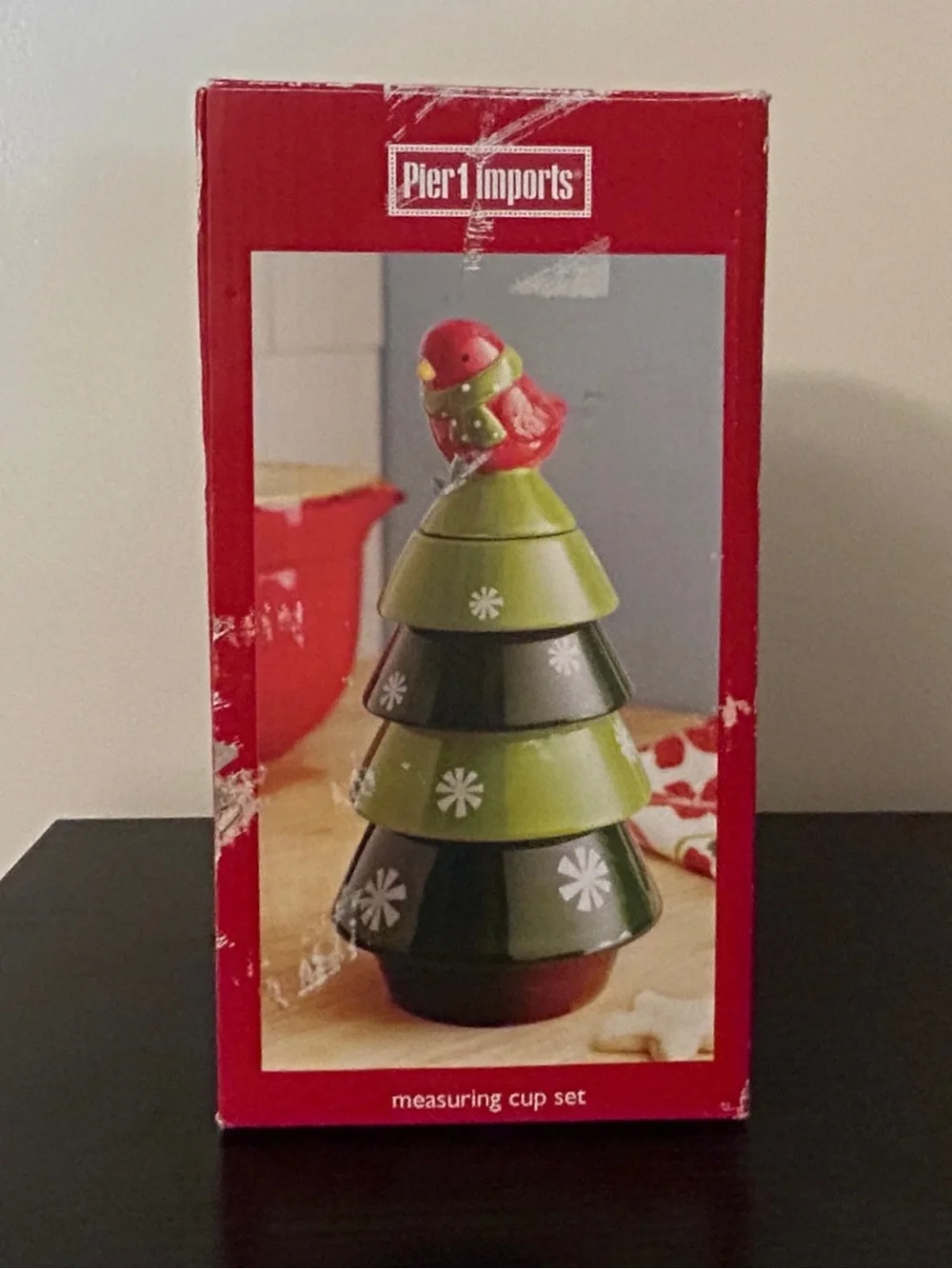 Christmas Tree Measurement Cup Set Pier 1 in Box Green Red Bird Unused
